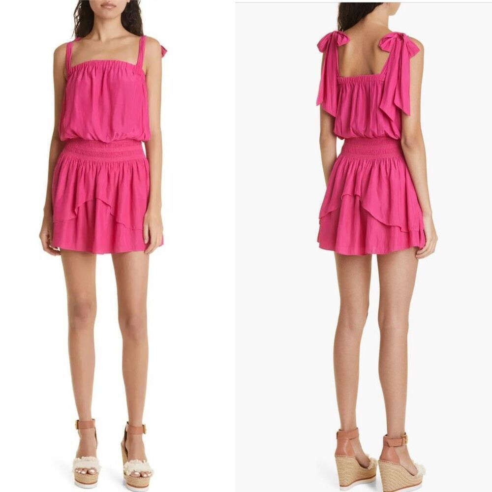 NWT Ramy Brook Kira smocked waist,tie strap mini dress in fushia Size L